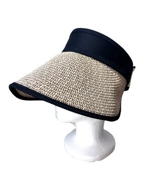 Rima Beach World Straw Visor Hat Wide Brim Roll Up Packable Black Trim 5.5” Brim